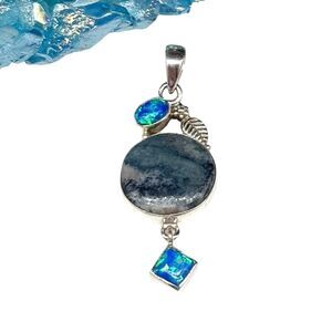 Blue Scheelite Fire Opal Necklace Pendant Solid 925 Sterling Silver Etched Leaf